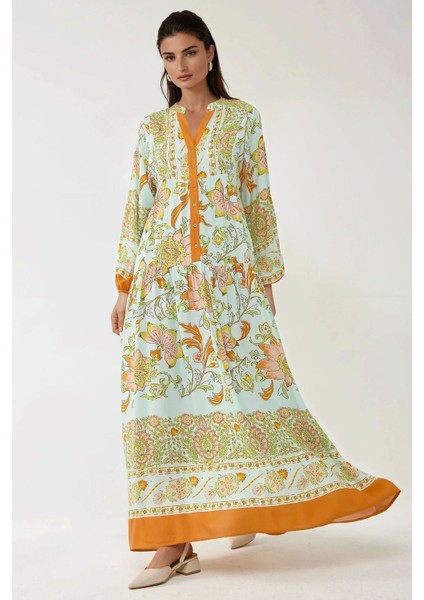 Kadın Baskılı Uzun Kol Viskon Modest Elbise Orange