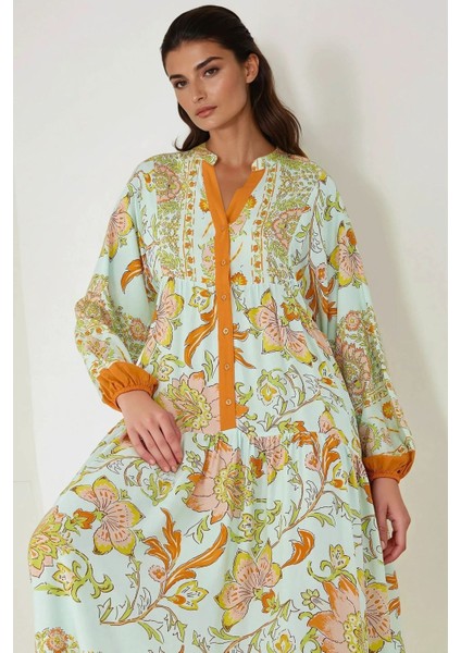 Kadın Baskılı Uzun Kol Viskon Modest Elbise Orange