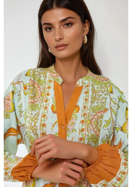Kadın Baskılı Uzun Kol Viskon Modest Elbise Orange
