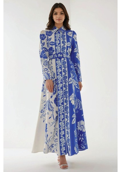 Kadın Baskılı Uzun Kol Kemerli Modest Elbise Blue