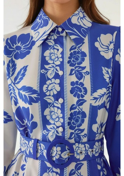 Kadın Baskılı Uzun Kol Kemerli Modest Elbise Blue