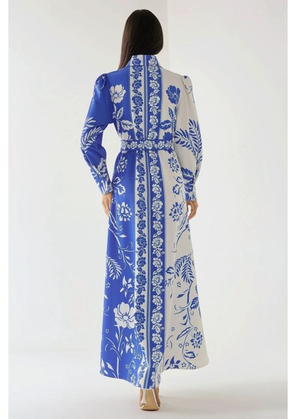 Kadın Baskılı Uzun Kol Kemerli Modest Elbise Blue