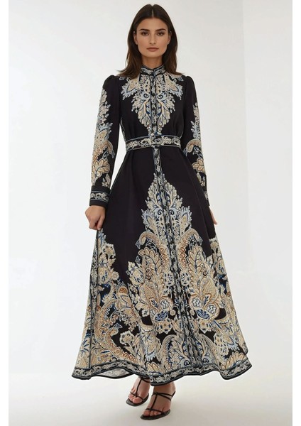Kadın Baskılı Uzun Kol Kemerli Modest Elbise Siyah