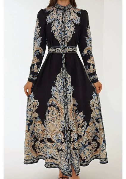 Kadın Baskılı Uzun Kol Kemerli Modest Elbise Siyah