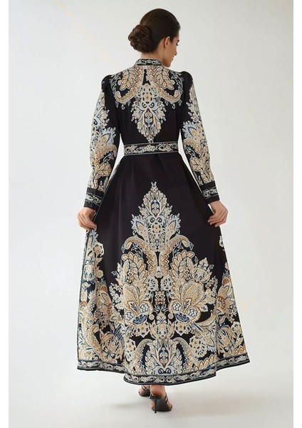 Kadın Baskılı Uzun Kol Kemerli Modest Elbise Siyah