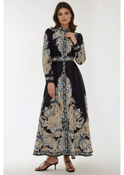 Kadın Baskılı Uzun Kol Kemerli Modest Elbise Siyah