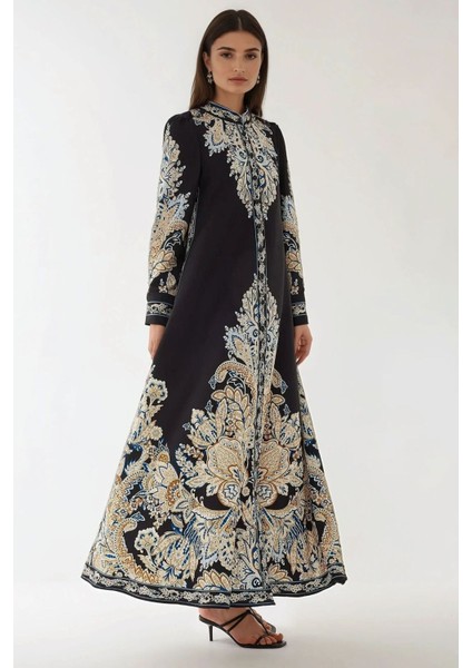 Kadın Baskılı Uzun Kol Kemerli Modest Elbise Siyah