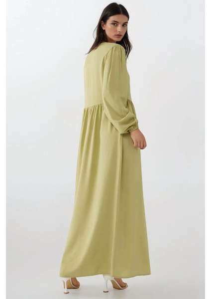 Kadın A-Form Fit ve Bisiklet Yaka Modest Dokulu Elbise Green
