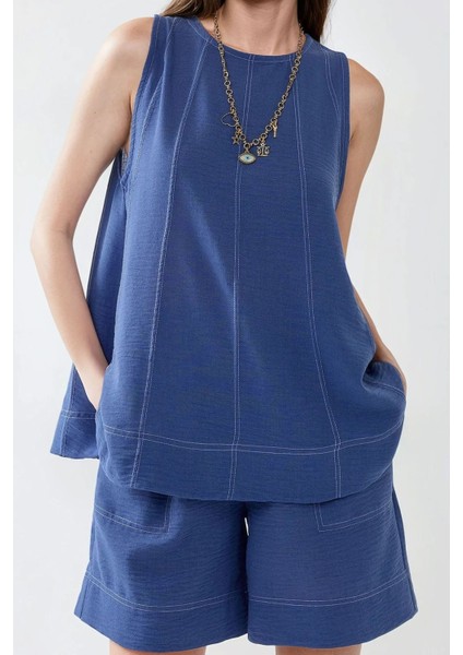 Kadın Dikiş Detaylı Denim Görünümlü Rahat Kesim İkili Takım Orta Mavi Denim