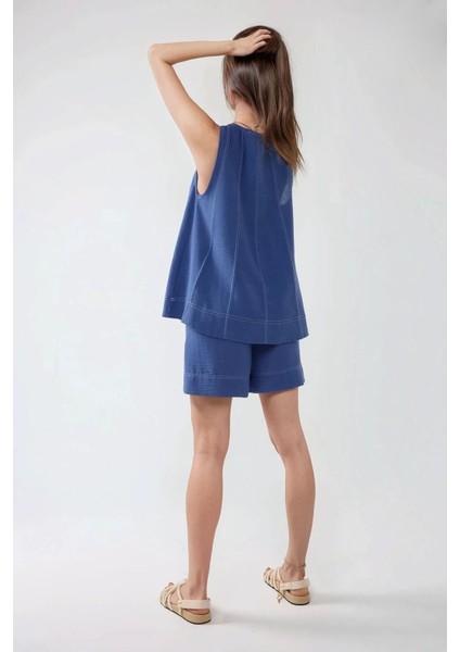 Kadın Dikiş Detaylı Denim Görünümlü Rahat Kesim İkili Takım Orta Mavi Denim