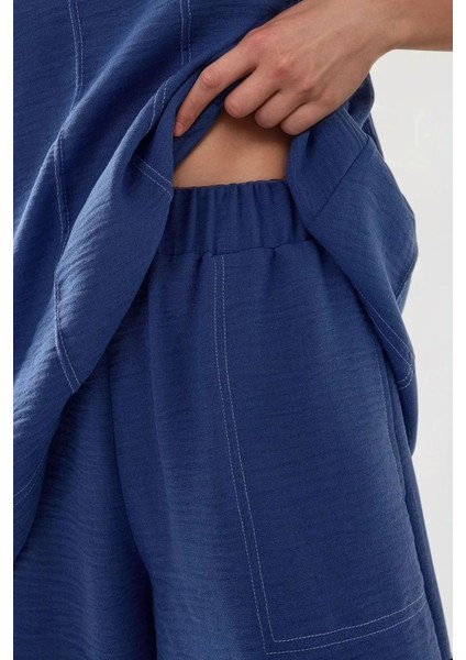 Kadın Dikiş Detaylı Denim Görünümlü Rahat Kesim İkili Takım Orta Mavi Denim