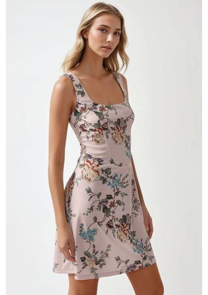 Kadın Kare Yaka ve Çiçekli Desenli Bodycon Mini Elbise Allık Pembe