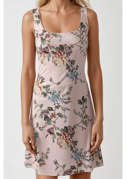 Kadın Kare Yaka ve Çiçekli Desenli Bodycon Mini Elbise Allık Pembe