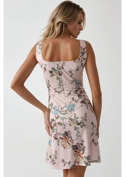 Kadın Kare Yaka ve Çiçekli Desenli Bodycon Mini Elbise Allık Pembe