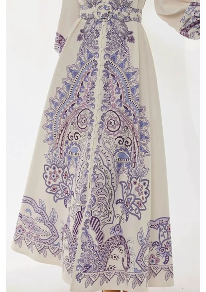 Kadın Baskılı Uzun Kol Kemerli Modest Elbise Çok Renkli