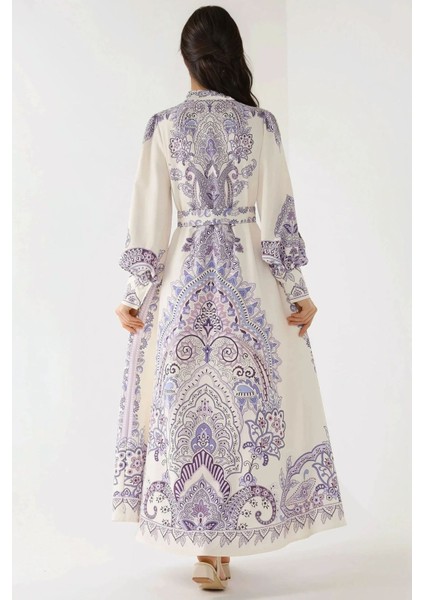 Kadın Baskılı Uzun Kol Kemerli Modest Elbise Çok Renkli