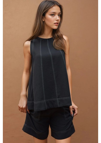 Kadın Dikiş Detaylı Denim Görünümlü Rahat Kesim İkili Takım Siyah