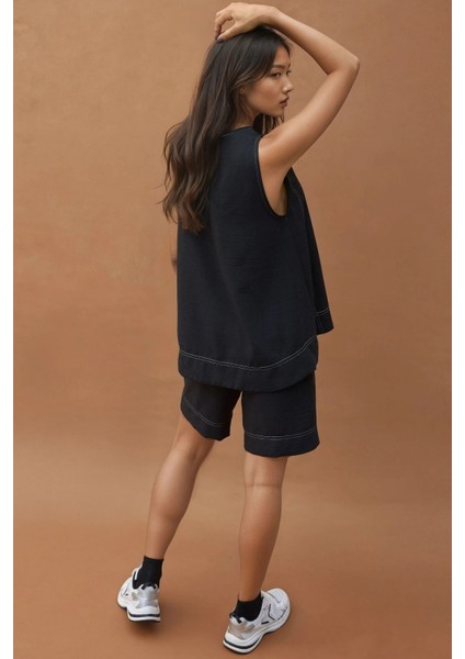 Kadın Dikiş Detaylı Denim Görünümlü Rahat Kesim İkili Takım Siyah