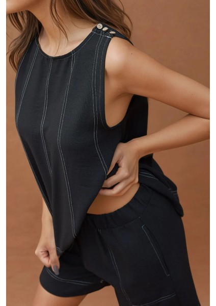 Kadın Dikiş Detaylı Denim Görünümlü Rahat Kesim İkili Takım Siyah