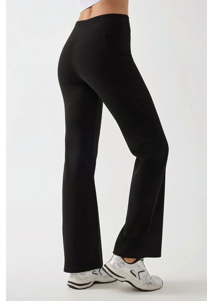 Kadın Yüksek Bel Geniş Paça Krep Pantolon Black