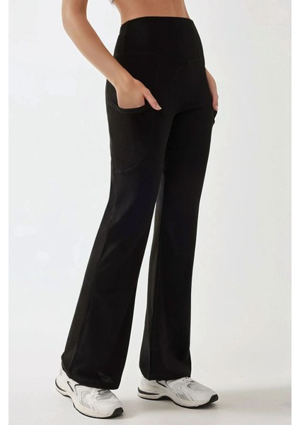 Kadın Yüksek Bel Geniş Paça Krep Pantolon Black
