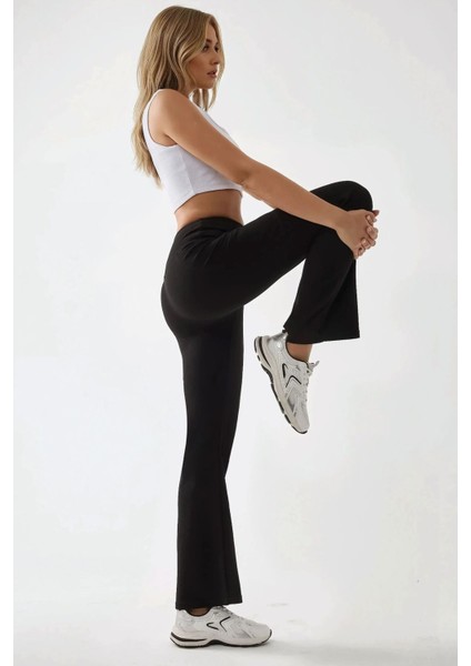 Kadın Yüksek Bel Geniş Paça Krep Pantolon Black