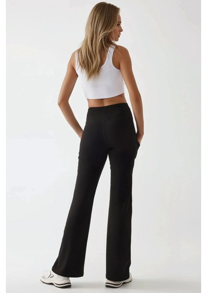 Kadın Yüksek Bel Geniş Paça Krep Pantolon Black