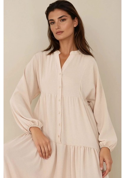 Kadın Düğme Detaylı Dokulu Uzun Kol V Yaka Modest Elbise Natural