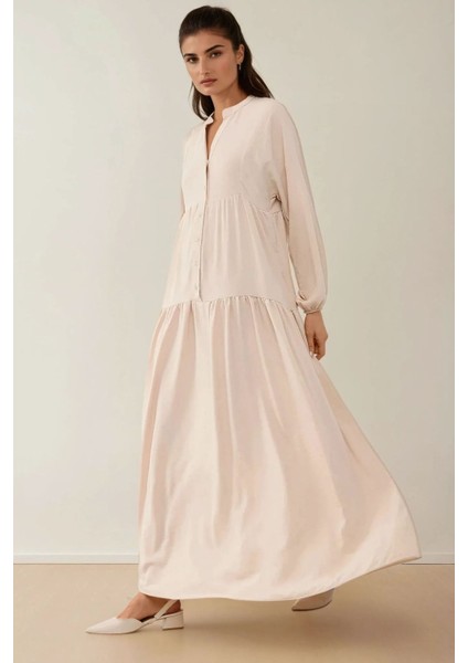 Kadın Düğme Detaylı Dokulu Uzun Kol V Yaka Modest Elbise Natural