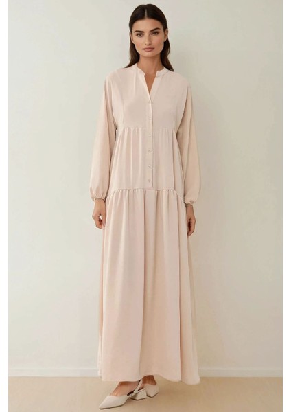 Kadın Düğme Detaylı Dokulu Uzun Kol V Yaka Modest Elbise Natural