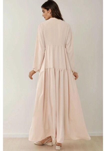 Kadın Düğme Detaylı Dokulu Uzun Kol V Yaka Modest Elbise Natural