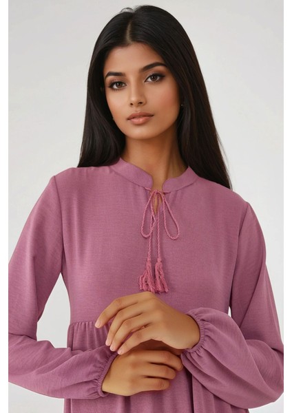 Kadın Dokulu Bağlama Detaylı Bisiklet Yaka Modest Elbise Pink