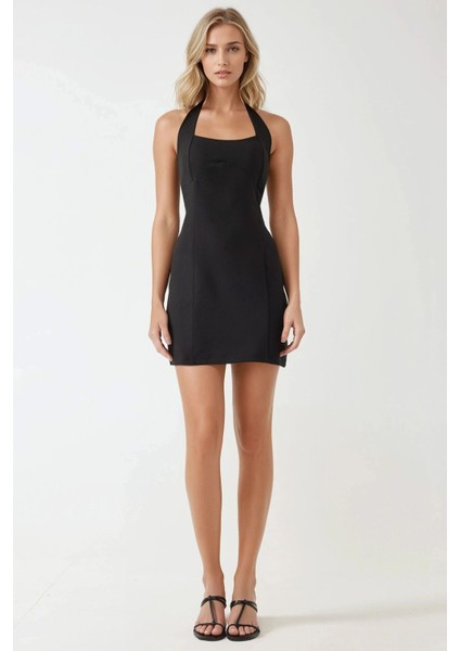 Kadın Kare Yaka Fitted Dokuma Mini Elbise Siyah