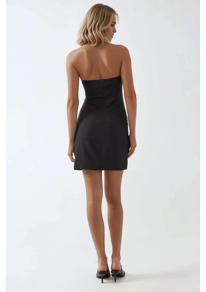 Kadın Kare Yaka Fitted Dokuma Mini Elbise Siyah