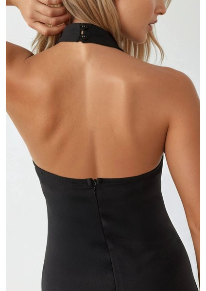 Kadın Kare Yaka Fitted Dokuma Mini Elbise Siyah