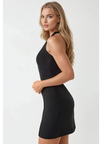 Kadın Kare Yaka Fitted Dokuma Mini Elbise Siyah