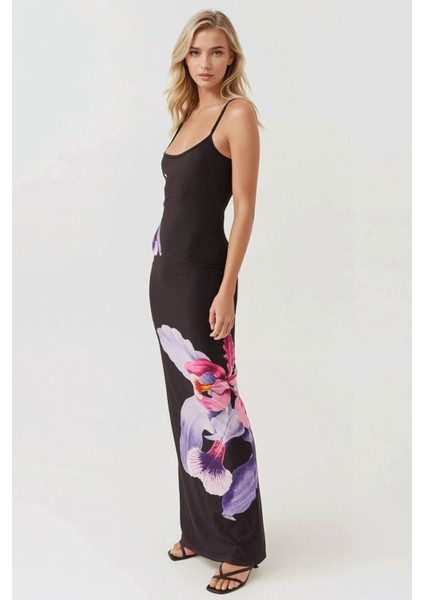 Kadın Askılı Çiçek Desenli Bodycon Uzun Elbise Black
