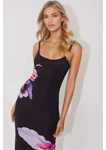 Kadın Askılı Çiçek Desenli Bodycon Uzun Elbise Black