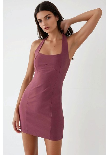 Kadın Kare Yaka Fitted Dokuma Mini Elbise Tozlu Gül Pembesi