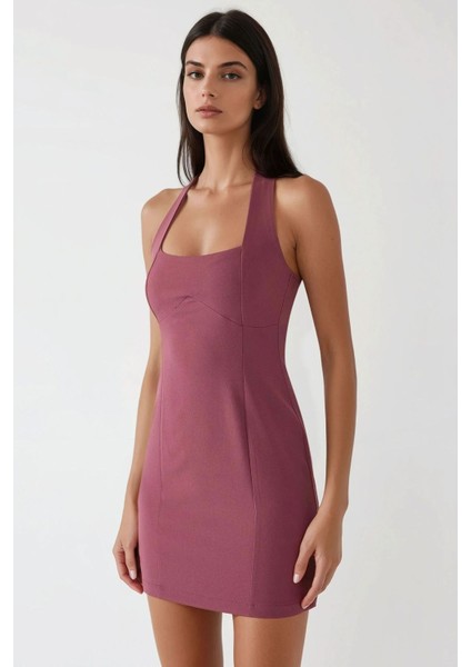 Kadın Kare Yaka Fitted Dokuma Mini Elbise Tozlu Gül Pembesi