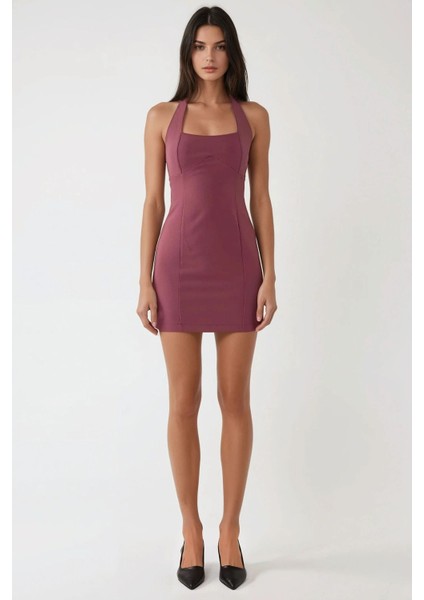 Kadın Kare Yaka Fitted Dokuma Mini Elbise Tozlu Gül Pembesi