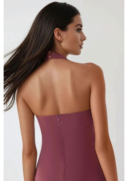 Kadın Kare Yaka Fitted Dokuma Mini Elbise Tozlu Gül Pembesi