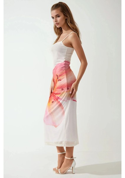 Kadın Kare Yaka Çiçek Desenli Bodycon Uzun Elbise Multicolor