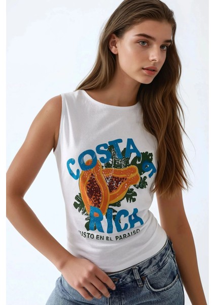 Kadın Slim Fit Baskılı Bisiklet Yaka Pamuklu T-Shirt Çok Renkli