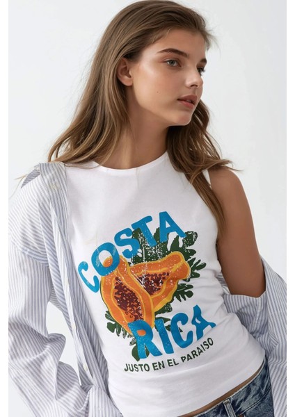 Kadın Slim Fit Baskılı Bisiklet Yaka Pamuklu T-Shirt Çok Renkli