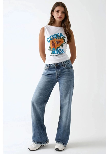 Kadın Slim Fit Baskılı Bisiklet Yaka Pamuklu T-Shirt Çok Renkli