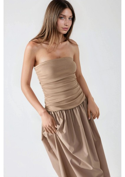 Kadın Straplez Drapeli Maxi Elbise Brown
