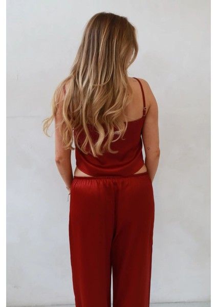 Kadın Ana Kare Yaka Saten Bluz Red