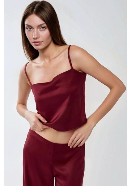 Kadın Ana Kare Yaka Saten Bluz Red