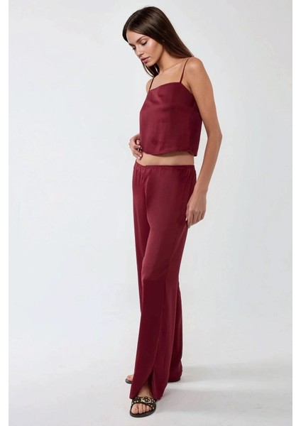 Kadın Ana Kare Yaka Saten Bluz Red